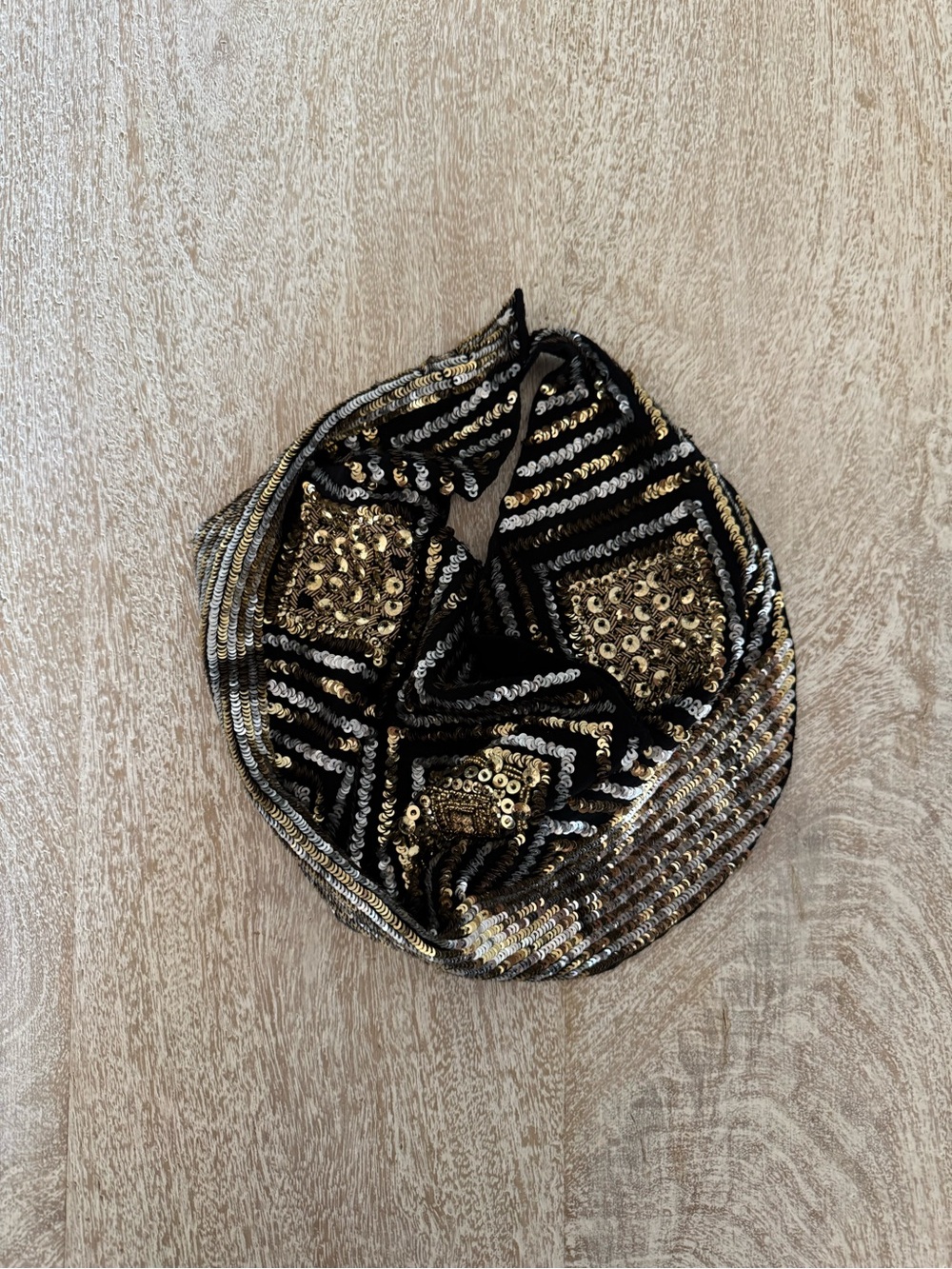 Roarke New York Sequin Embellished Black & Gold scarf necklace